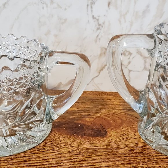 Vtg/MCM Clear Cut Glass creamer & sugar w/etched patterned flowers sunburst - Picture 2 of 4